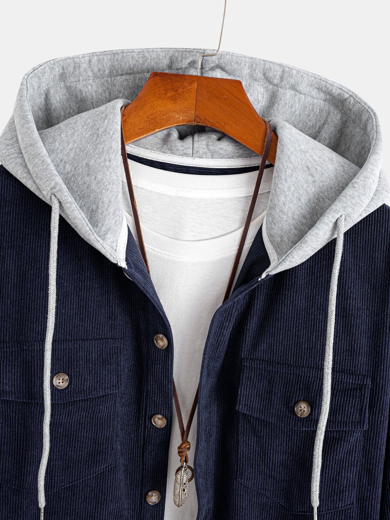 Contrast Corduroy Hooded Overshirt With Pockets
