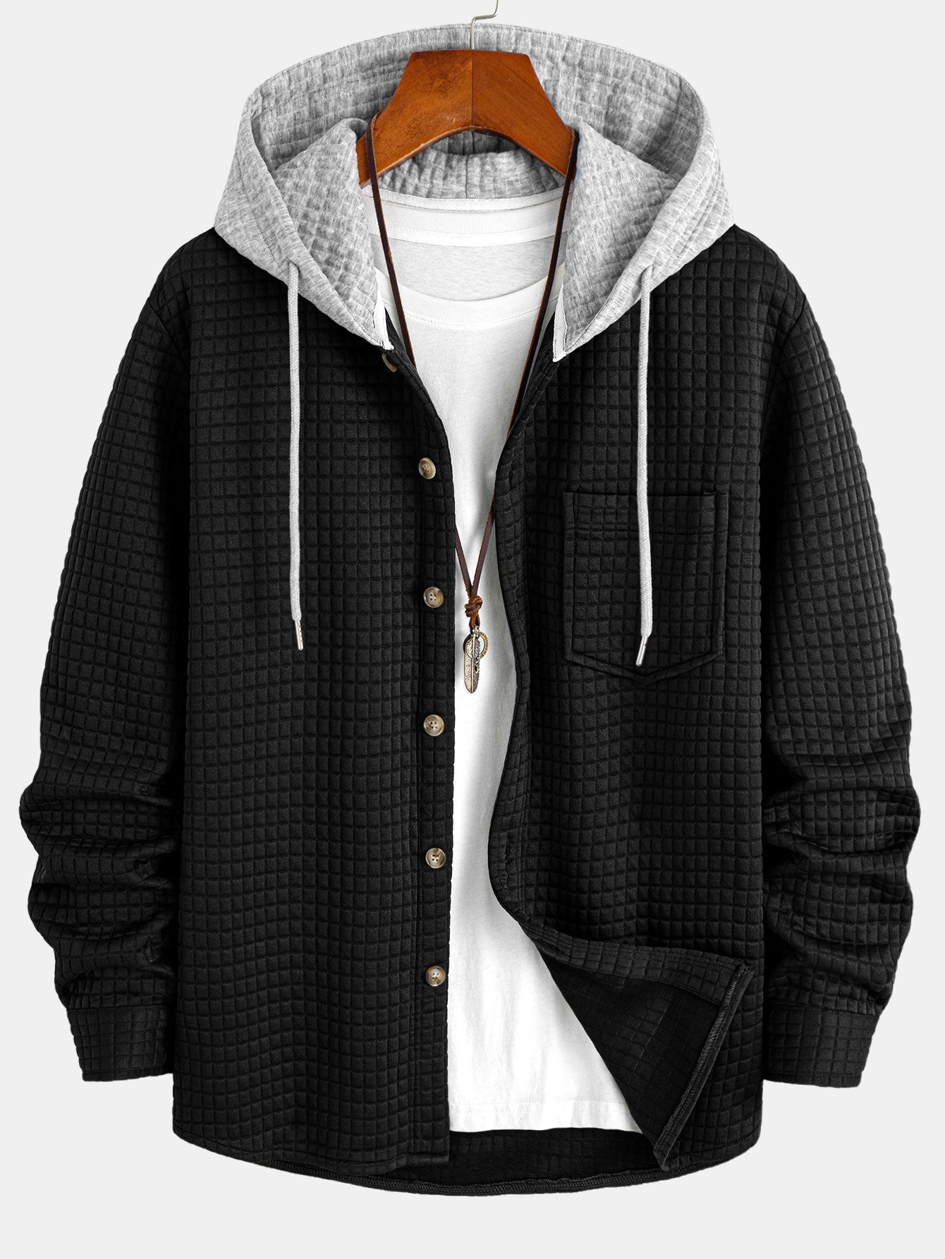 Contrast Waffle Hooded Shirt