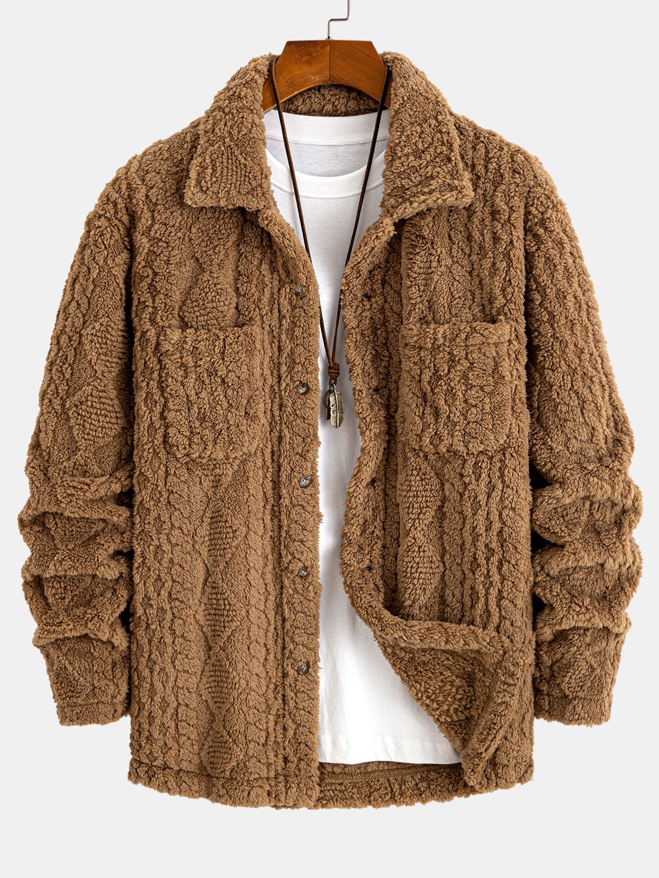 Geometric Jacquard Teddy Fleece Button Up Shirt