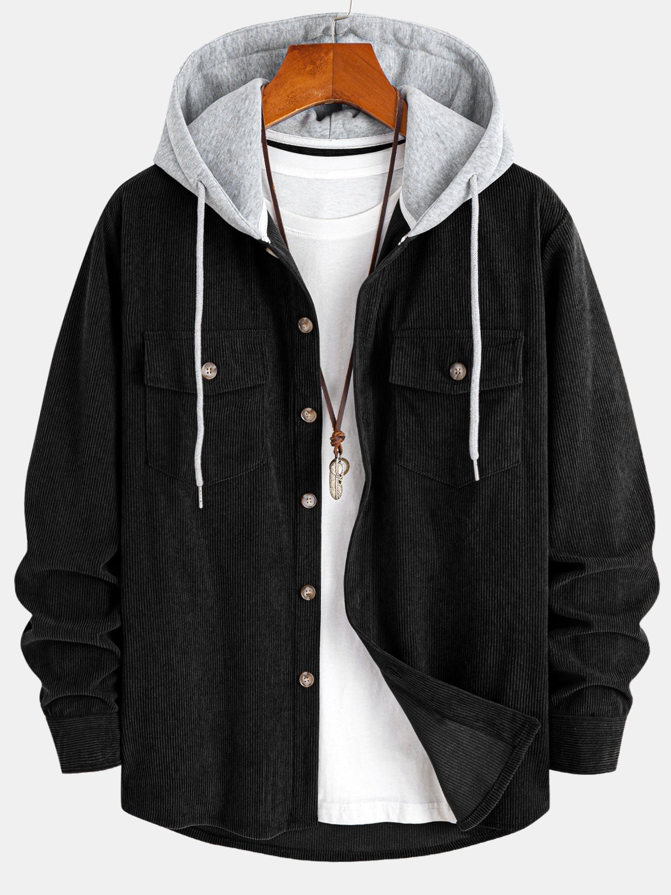 Contrast Corduroy Hooded Overshirt With Pockets
