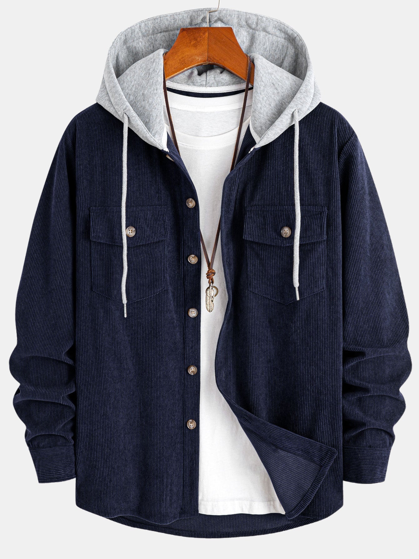 Contrast Corduroy Hooded Overshirt With Pockets