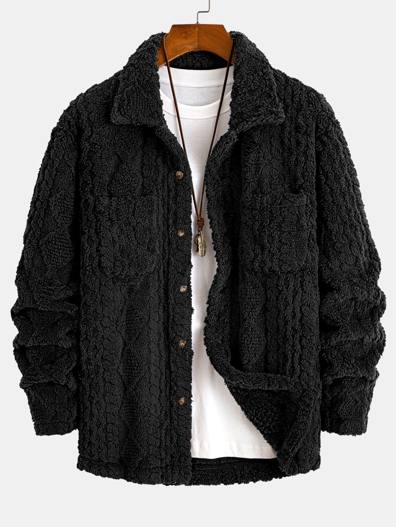 Geometric Jacquard Teddy Fleece Button Up Shirt