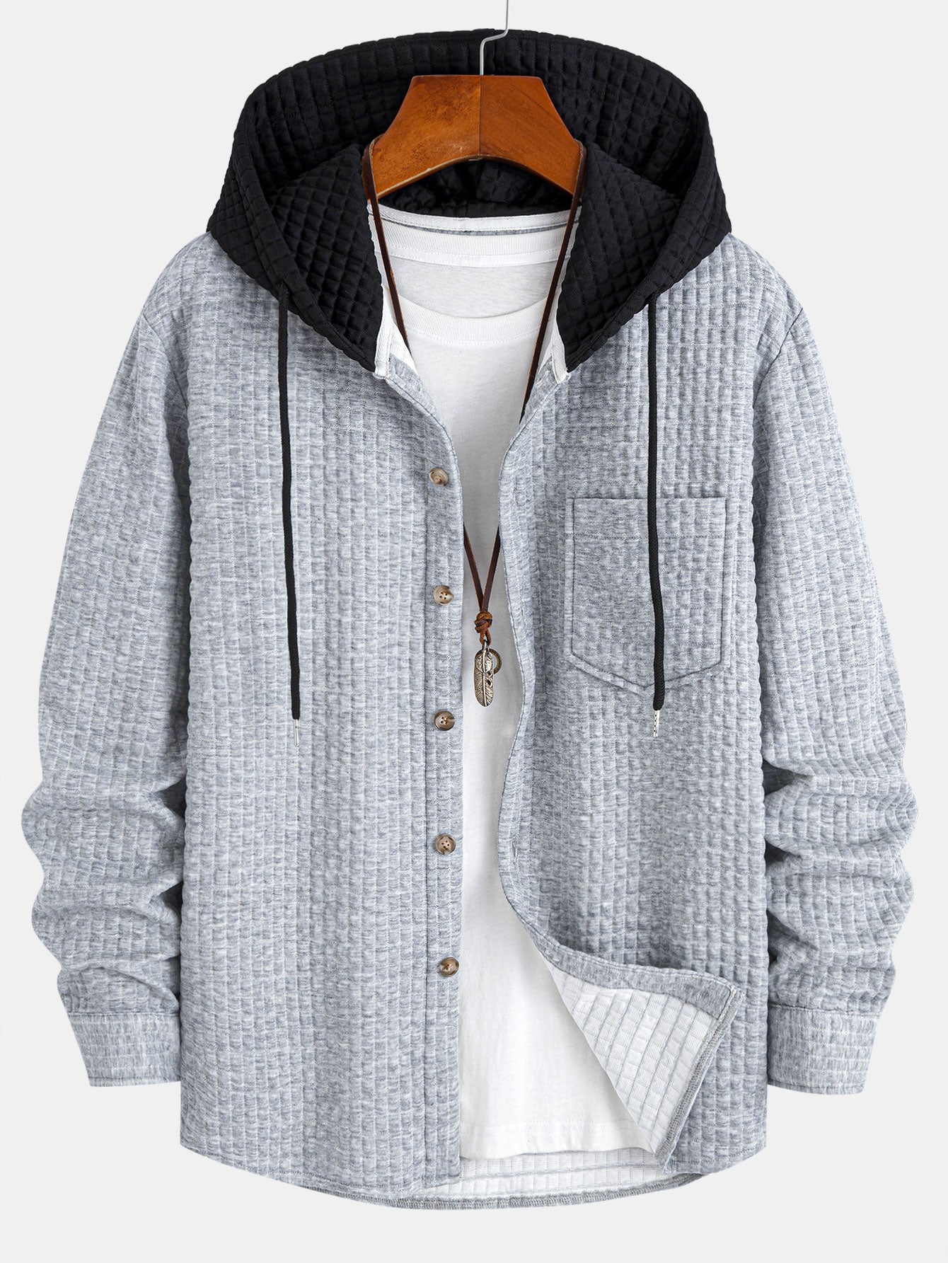 Contrast Waffle Hooded Shirt