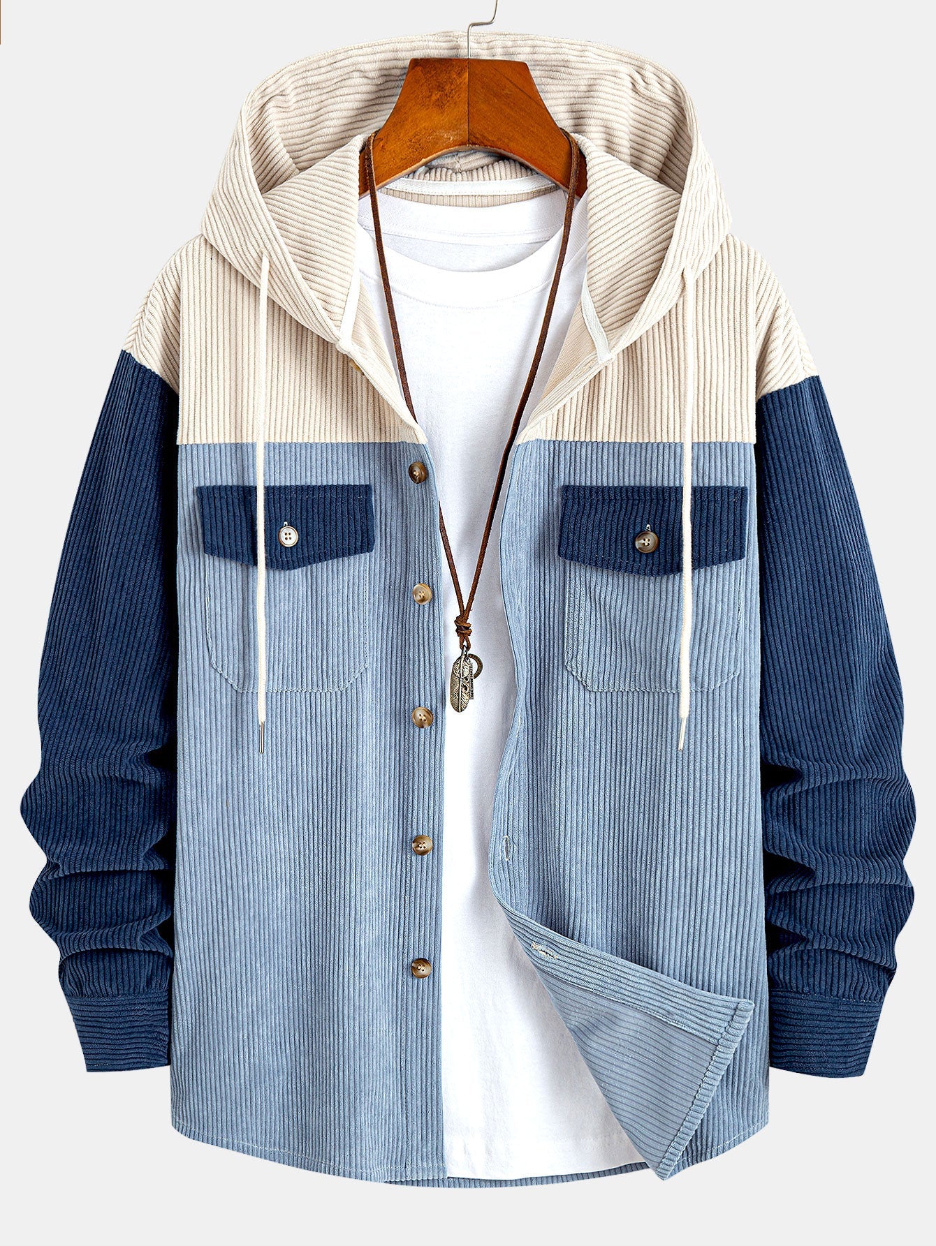 Relax Fit Corduroy Patchwork Hooded Shirt With Pockets