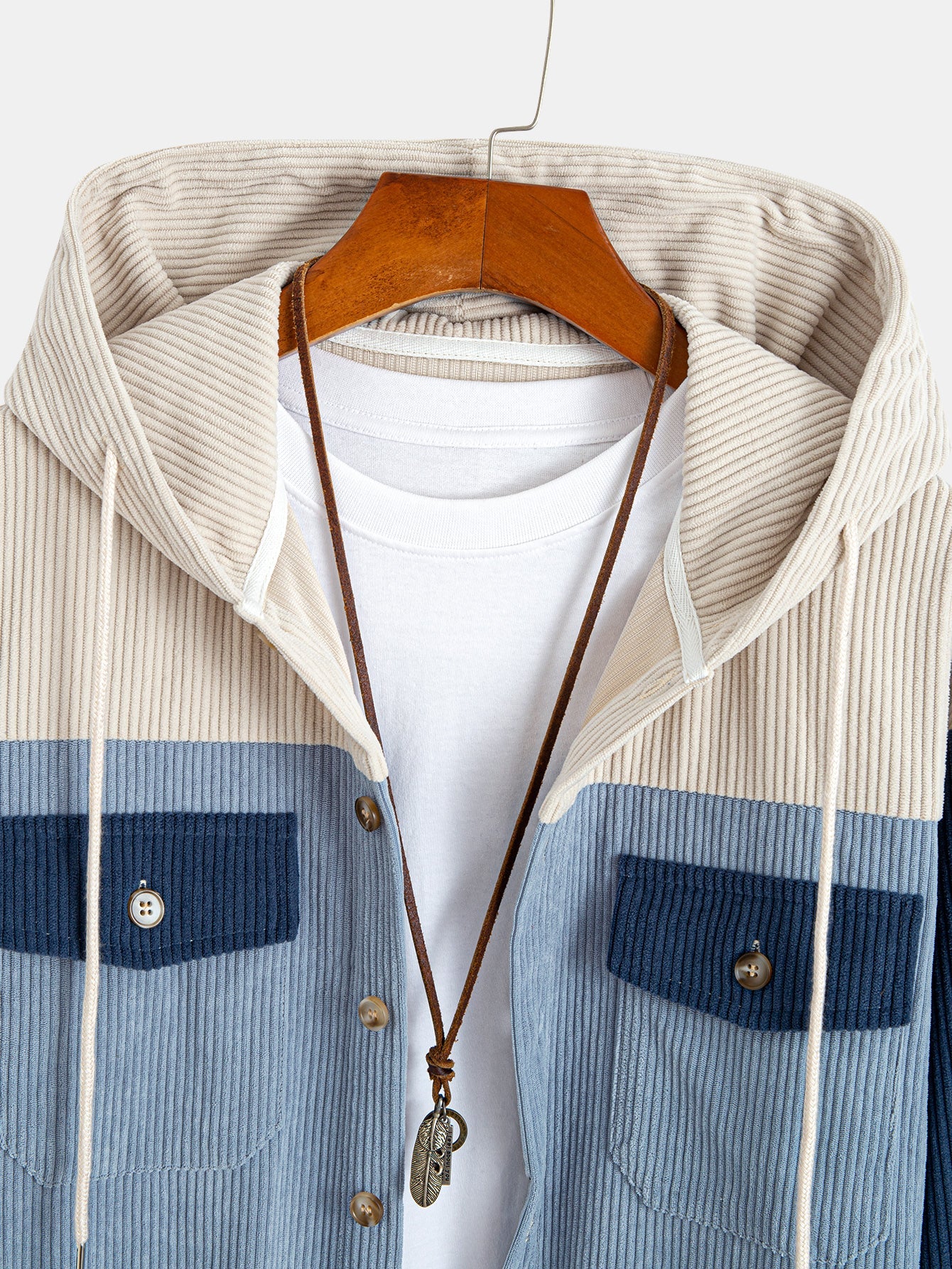 Relax Fit Corduroy Patchwork Hooded Shirt With Pockets