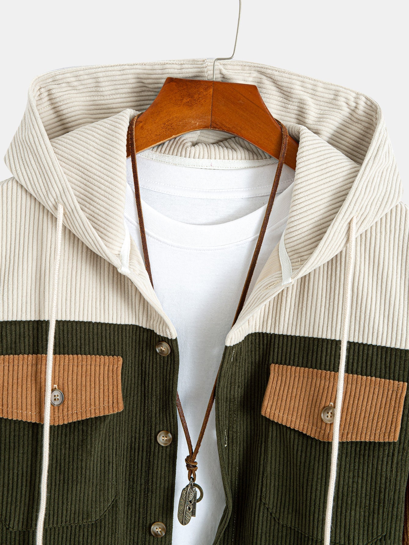 Relax Fit Corduroy Patchwork Hooded Shirt With Pockets